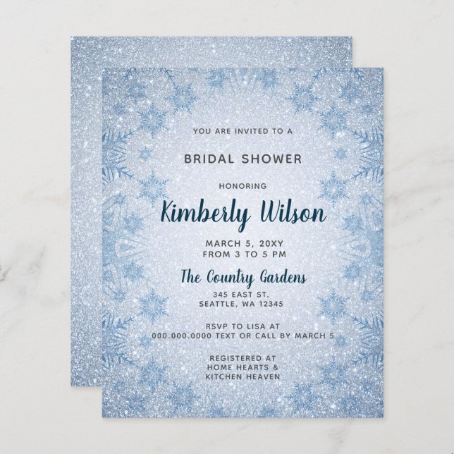 Budget Blue Snowflakes Invitation à la douche nupt (Devant / Derrière)
