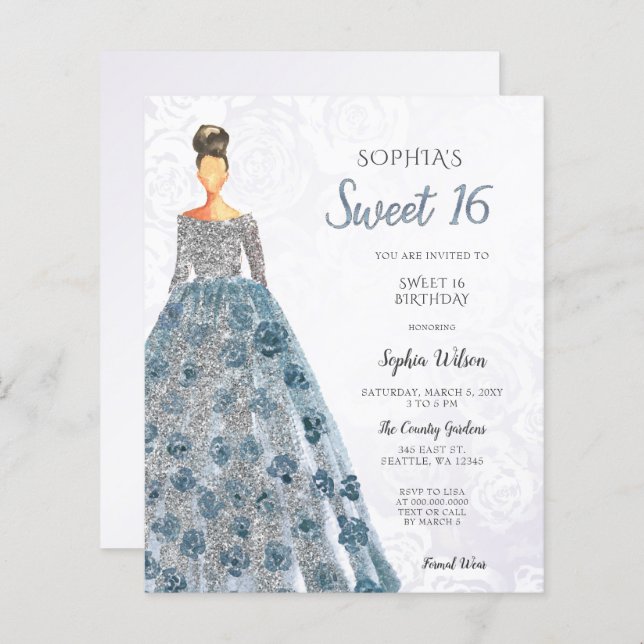 Budget Blue Sparkle Robe Sweet 16 Invitation (Devant / Derrière)