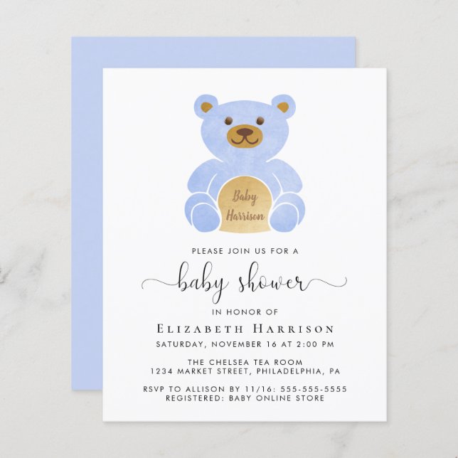 Budget Blue Teddy Bear Baby Boy Shower Invitation (Devant / Derrière)