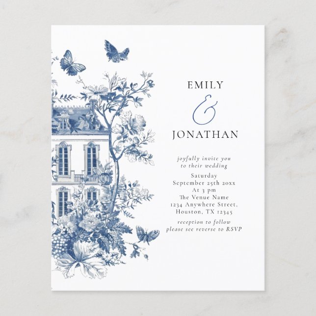 Budget Blue Toile De Jouy QR Code Mariage Invitati (Devant)