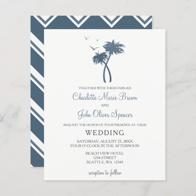 Budget Blue Tropical Palm Tree Invitations de mari (Devant / Derrière)
