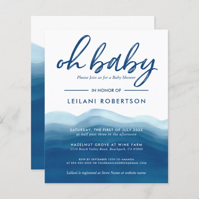 Budget Blue Watercolor Baby Boy Shower Invitation (Devant / Derrière)