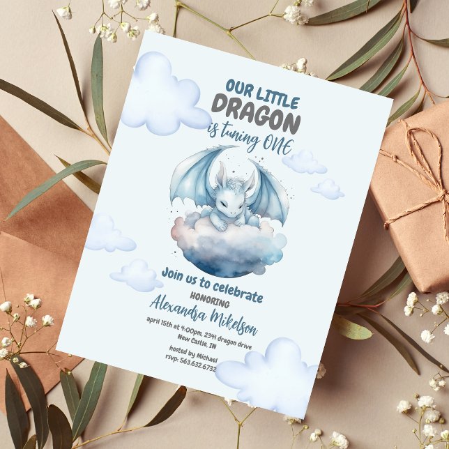 Budget Blue Watercolor Dragon Baby 1er anniversair (Créateur téléchargé)