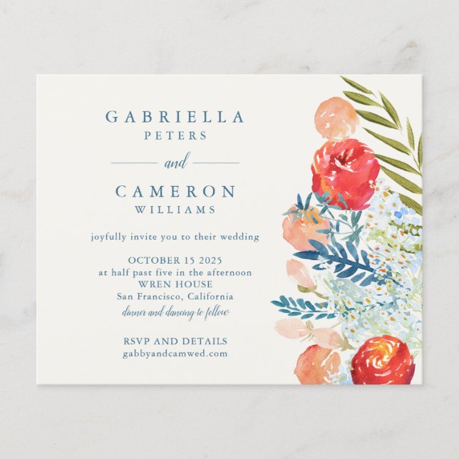 Budget Blue Watercolor Florals Boho Wedding Invita (Devant)