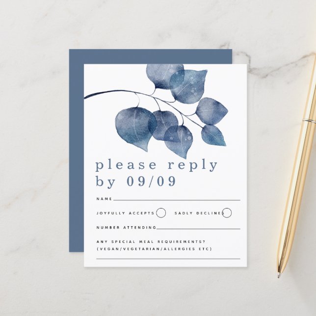 Budget Blue Watercolor Foliage Mariage RSVP (Devant/Arrière en situation)