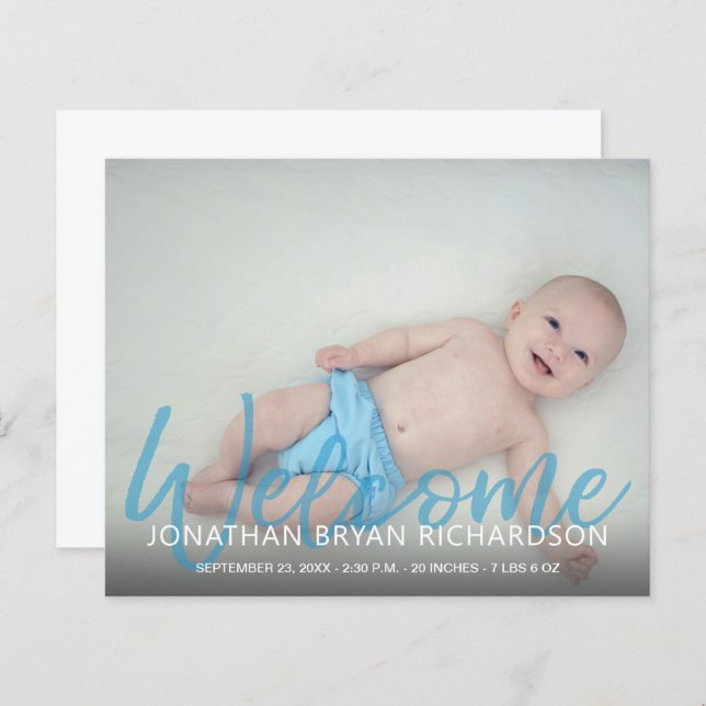 Budget Blue Welcome Multi Photo Baby Faire-part (Devant / Derrière)