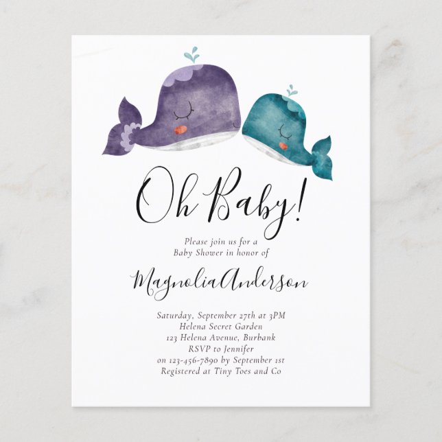 BUDGET Blue Whale Oh Baby shower Invitation (Devant)