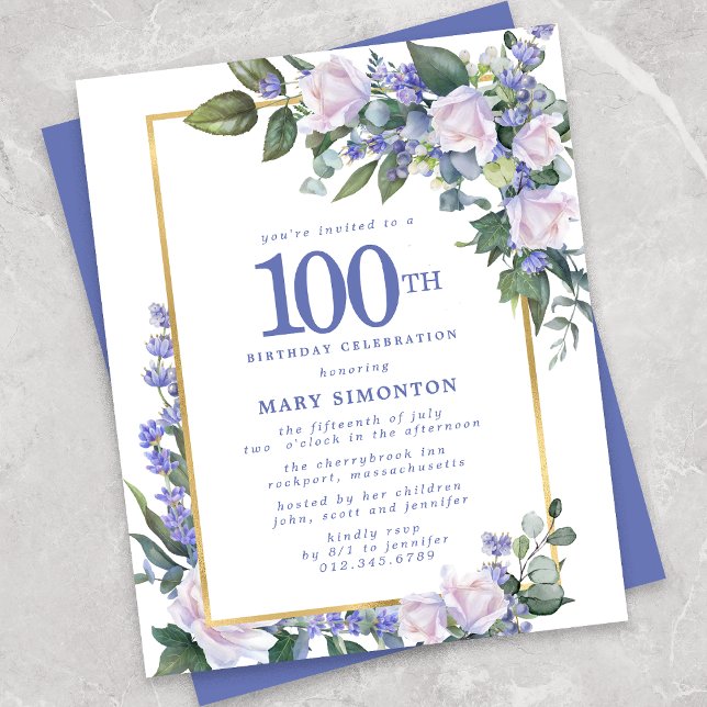Budget Blue White Floral Invitation 100e anniversa (Créateur téléchargé)