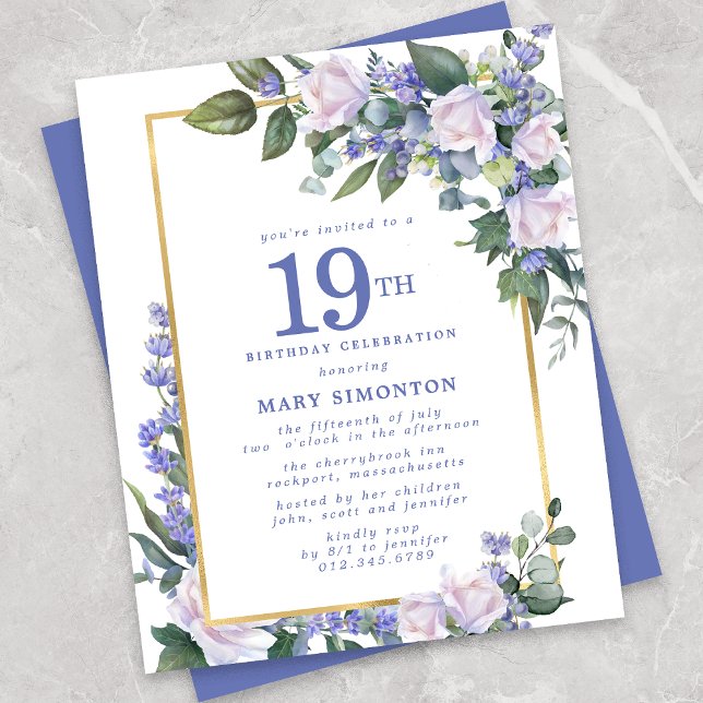 Budget Blue White Floral Invitation 19e anniversai (Créateur téléchargé)