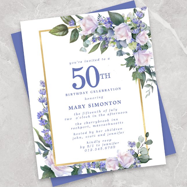 Budget Blue White Floral Invitation 50e anniversai (Créateur téléchargé)
