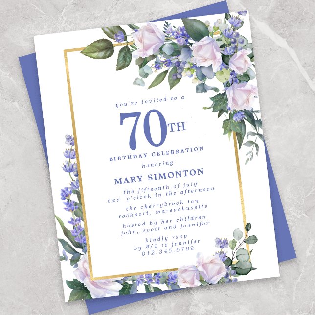 Budget Blue White Floral Invitation 70e anniversai (Créateur téléchargé)
