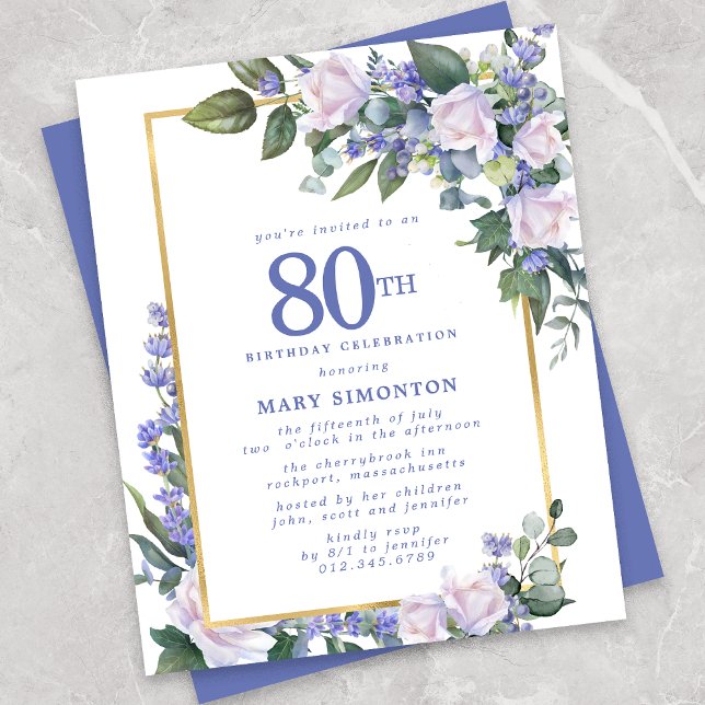 Budget Blue White Floral Invitation 80e anniversai (Créateur téléchargé)