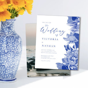 Budget Blue White Floral Photo Wedding Invitation
