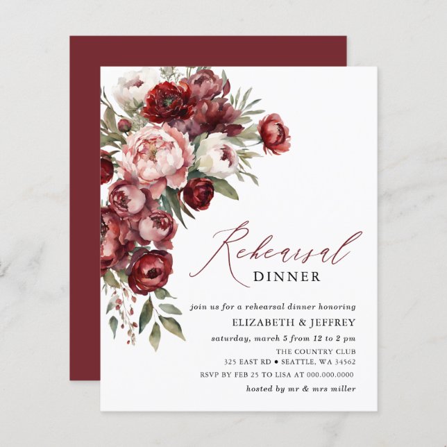 Budget Blush Burgundy Répétition Dîner Invitations (Devant / Derrière)