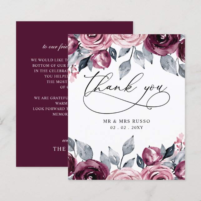 Budget Blush Burgundy Wedding Thank You Card (Devant / Derrière)