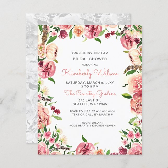 Budget Blush Coral Floral Invitation de douche nup (Devant / Derrière)