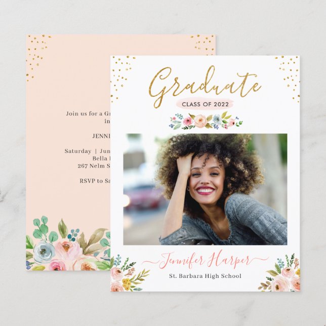 Budget Blush Floral Photo Graduation Faire-part (Devant / Derrière)
