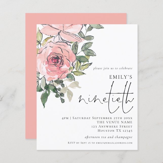 Budget Blush Florals Ninetieth Party Invitation (Devant / Derrière)