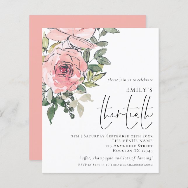 Budget Blush Florals Trente Anniversaire Invitatio (Devant / Derrière)