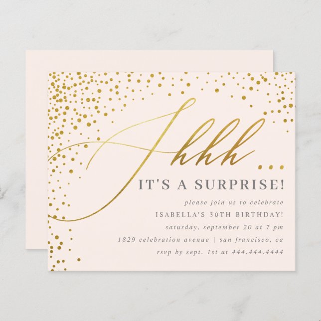 Budget Blush & Gold Confetti Script Surprise Party (Devant / Derrière)