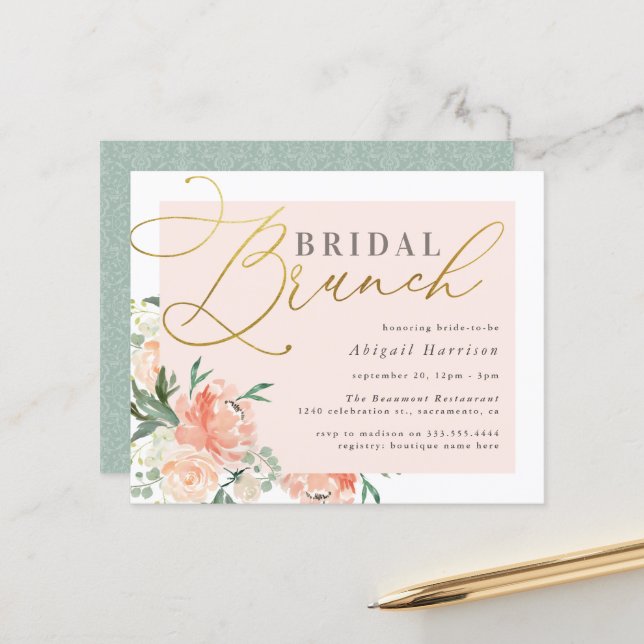 Budget Blush & Gold Script Floral Bridal Brunch (Devant/Arrière en situation)