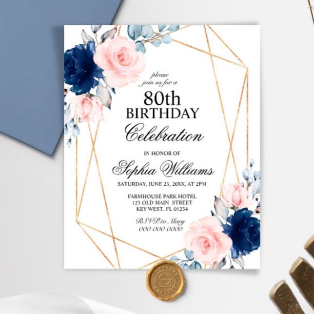 Budget Blush & Navy Tout âge Anniversaire Invitati (Créateur téléchargé)