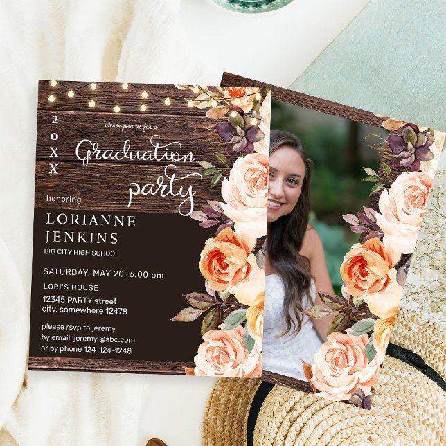 Budget Blush & Peach Floral Rustic Grad Photo (Créateur téléchargé)