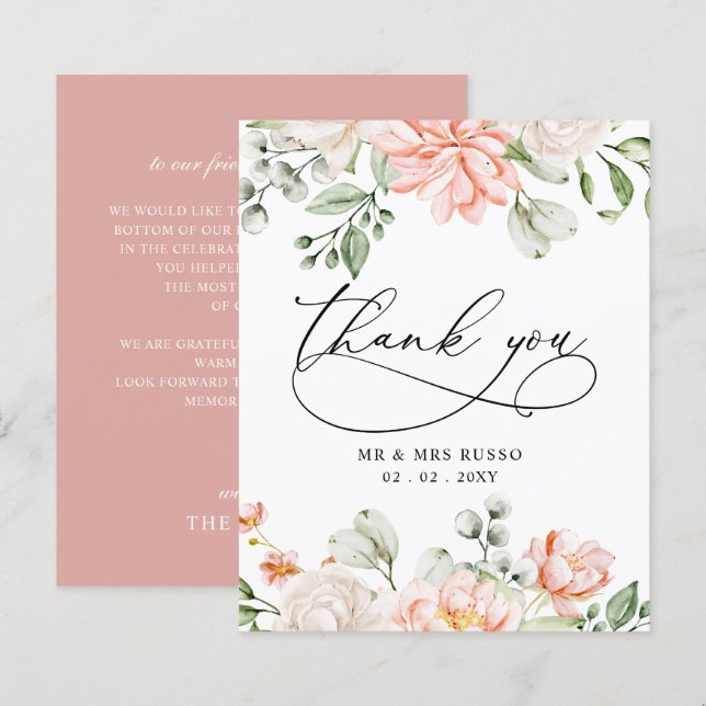 Budget Blush Pink Floral Wedding Thank You Card (Devant / Derrière)
