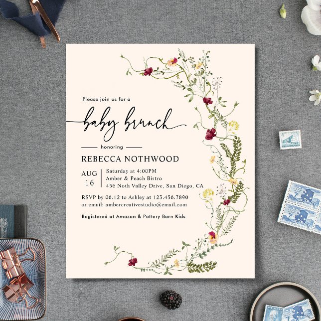 Budget Blush Pink Florals Baby Brunch Invitation (Créateur téléchargé)