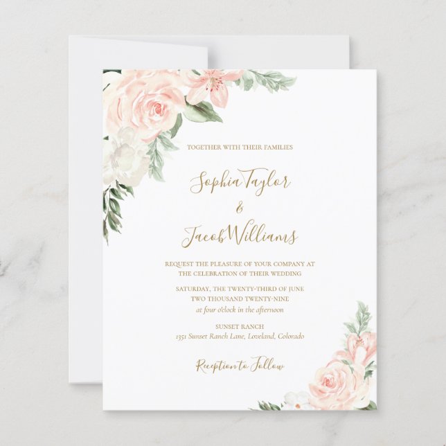 Budget Blush Pink Gold Floral Faire-part de mariag (Devant)