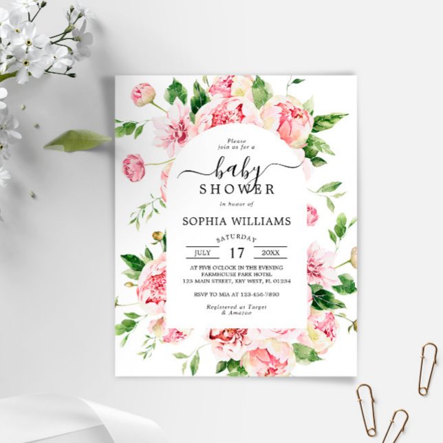 Budget Blush Pink Peonies Baby shower Invitation (Créateur téléchargé)