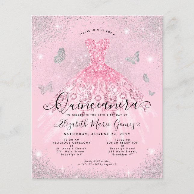 Budget Blush Pink Silver Gown Quinceanera Invitati (Devant)