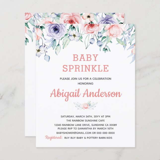 Budget Blush rose Floral Baby Sprinkle Invitation (Devant / Derrière)