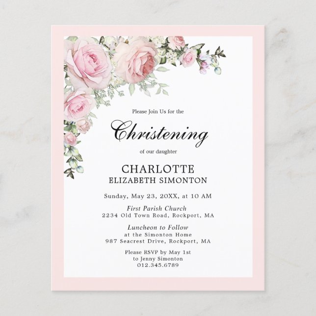 Budget Blush Rose Floral Christening Invitation (Devant)