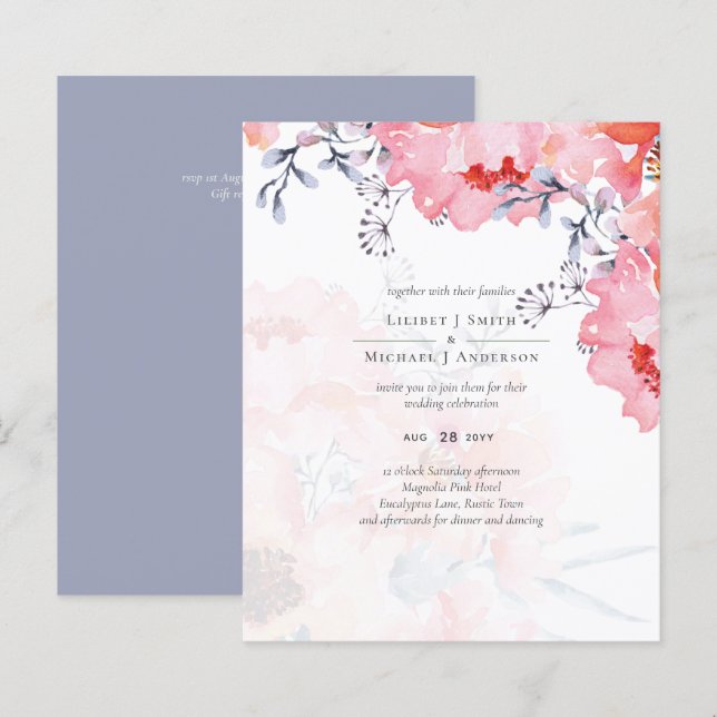 Budget Blush rose Floral Dusty Blue Mariage (Devant / Derrière)