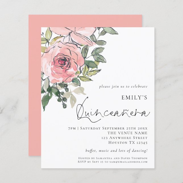 Budget Blush rose Florals Quinceañera Invitation (Devant / Derrière)
