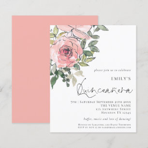 Budget Blush rose Florals Quinceañera Invitation