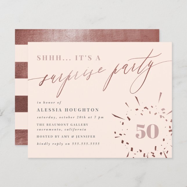 Budget Blush & Rose Gold Script Surprise Party (Devant / Derrière)