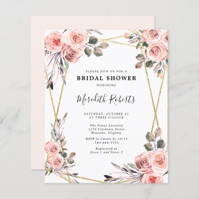 Budget Blush Rose Roses Bridal Douche Invitation (Devant / Derrière)
