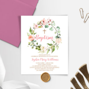 Budget Blush rose Wreath Girl Baptême Invitation