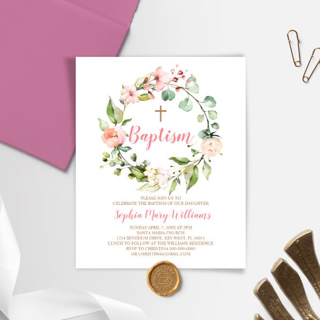 Budget Blush rose Wreath Girl Baptême Invitation (Créateur téléchargé)
