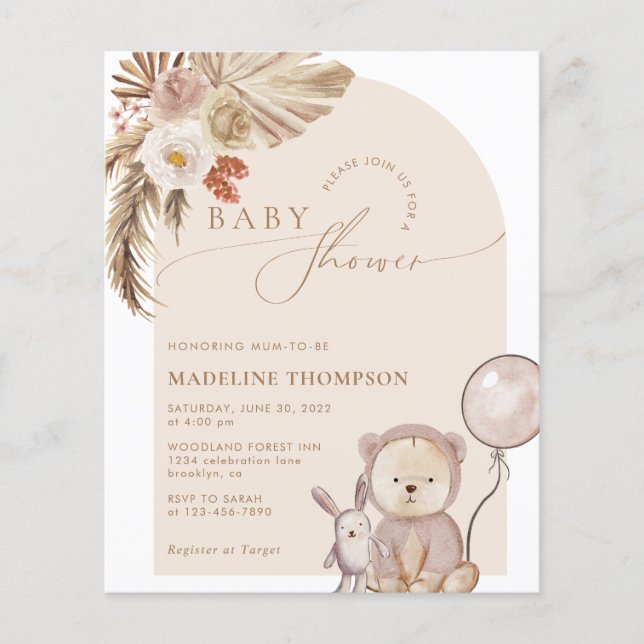 Budget Bohemian Script Bear Baby shower Pampas (Devant)