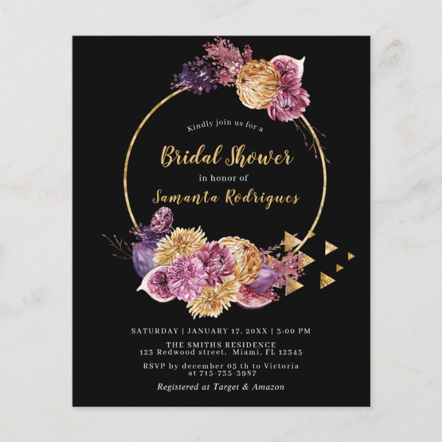 Budget Boho Automne Black Bridal Shower Invitation (Devant)