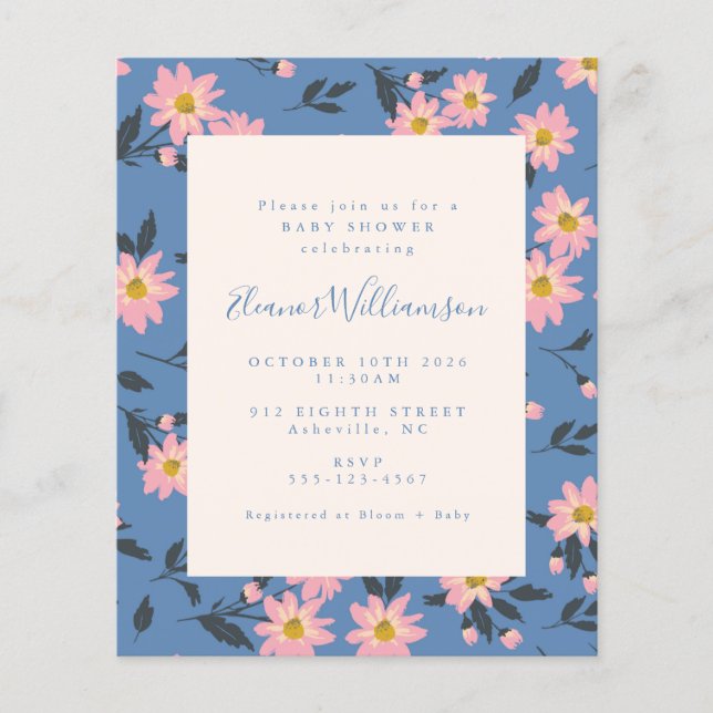 Budget Boho Baby shower floral rose bleu (Devant)