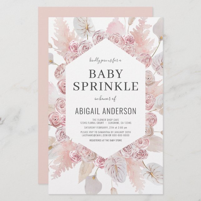Budget Boho Baby Sprinkt Blush Pink Invitation (Devant / Derrière)