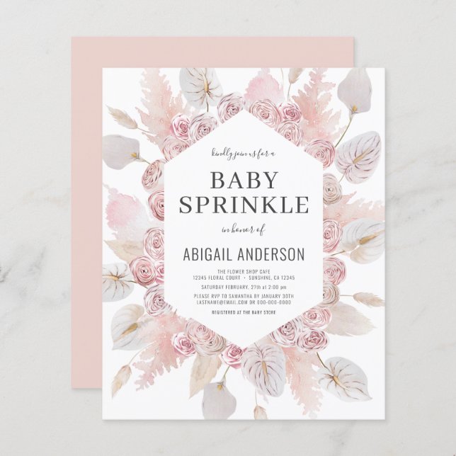 Budget Boho Baby Sprinkt Blush Pink Invitation (Devant / Derrière)