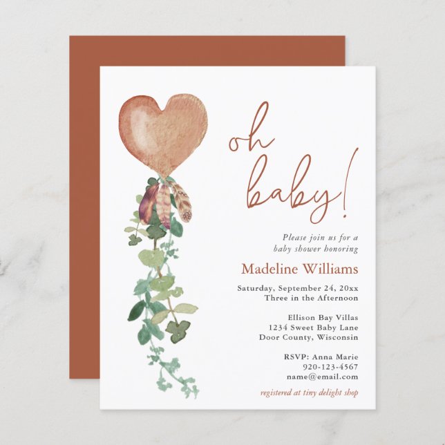 BUDGET Boho Balloon Invitation Baby shower de verd (Devant / Derrière)