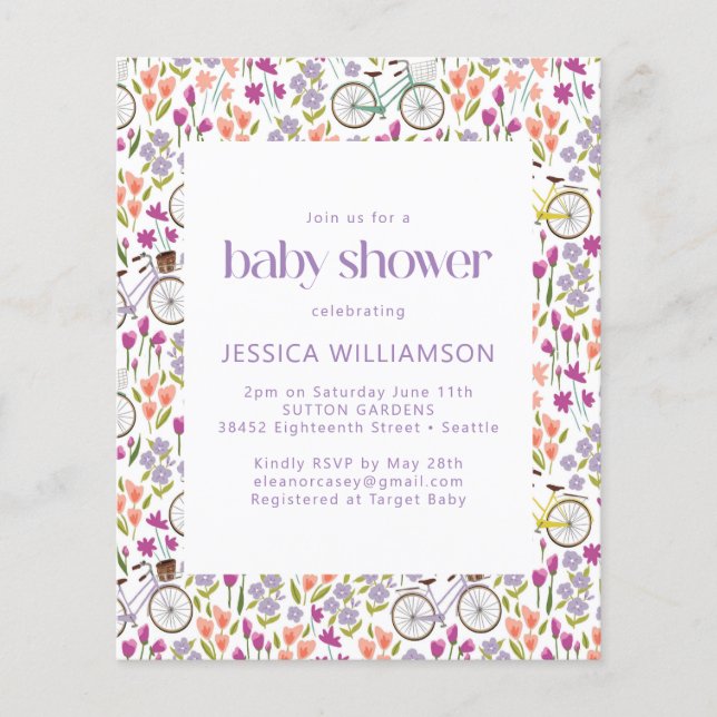 Budget Boho Bicycle Floral Baby shower Invitation (Devant)
