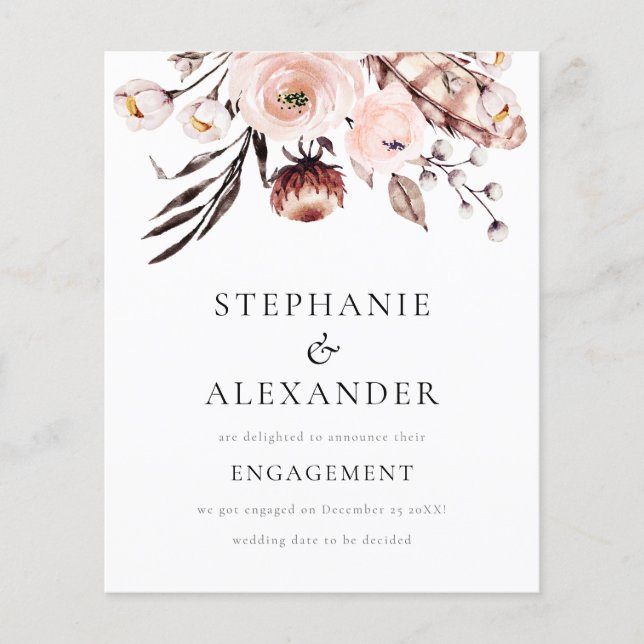 Budget Boho Blush Florals Fiançailles Faire-part (Devant)