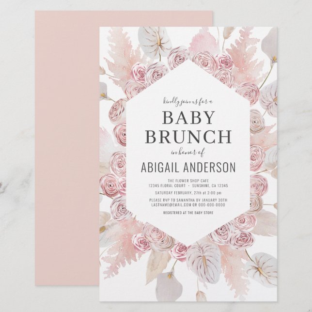 Budget Boho Blush Rose Baby Brunch Invitation (Devant / Derrière)